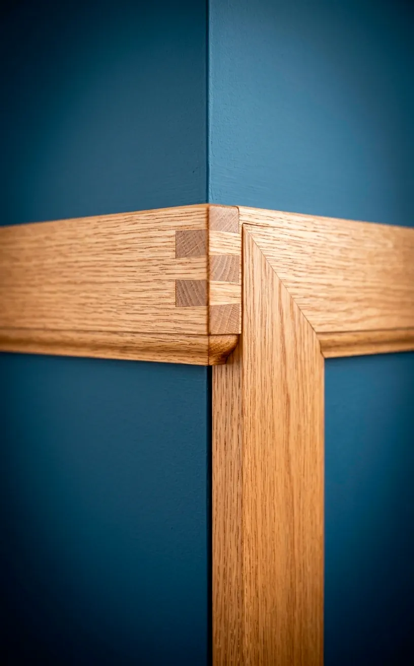 Detail of wood and blue paint transition on Scandi furniture.