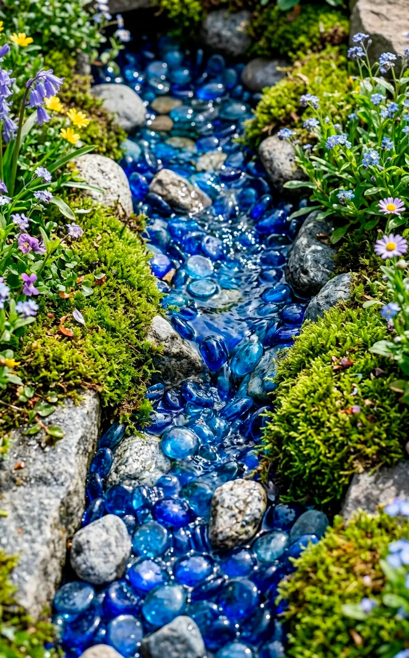 Artificial creek bed with blue glass rocks and flowing water.