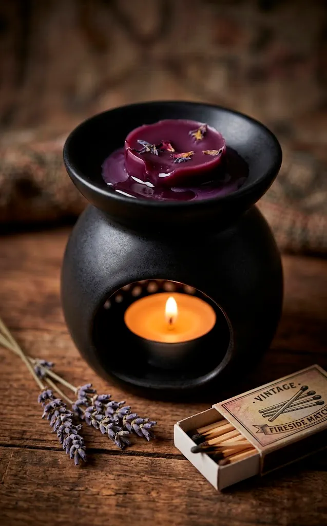 Black ceramic wax warmer with melting purple wax and dried lavender.