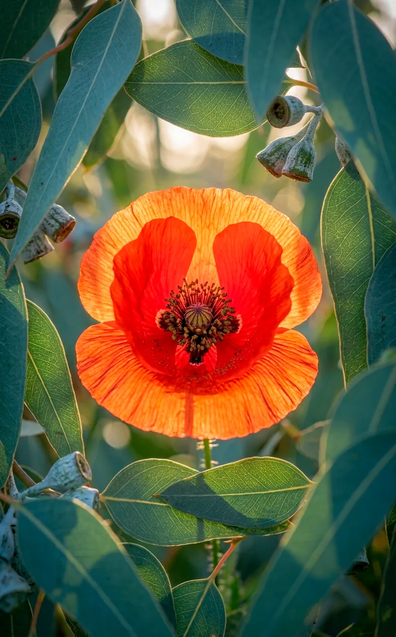 Macro shot of a red poppy and eucalyptus leaves in a wreath.