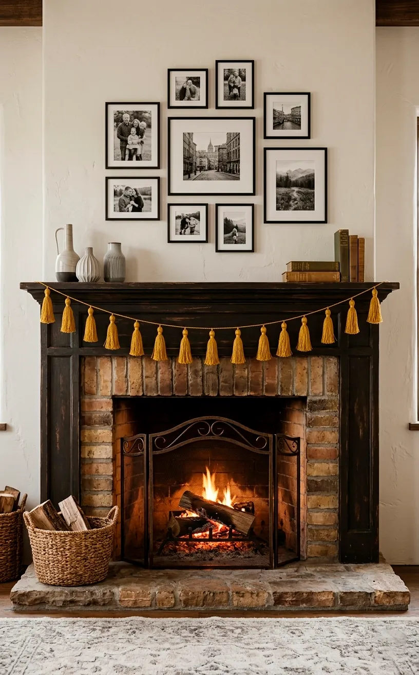 Mustard yellow tassel bunting draped across a fireplace mantle.