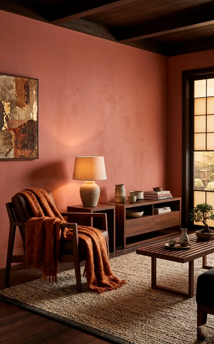 Warm Japandi room with Dead Salmon earthy walls and walnut furniture.