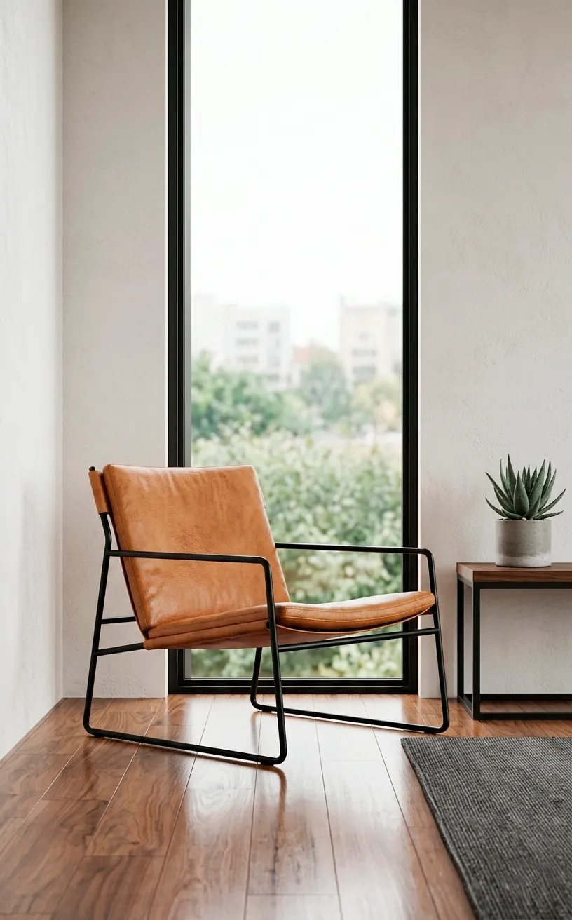 Tan leather sling chair with black metal frame in a bright room.
