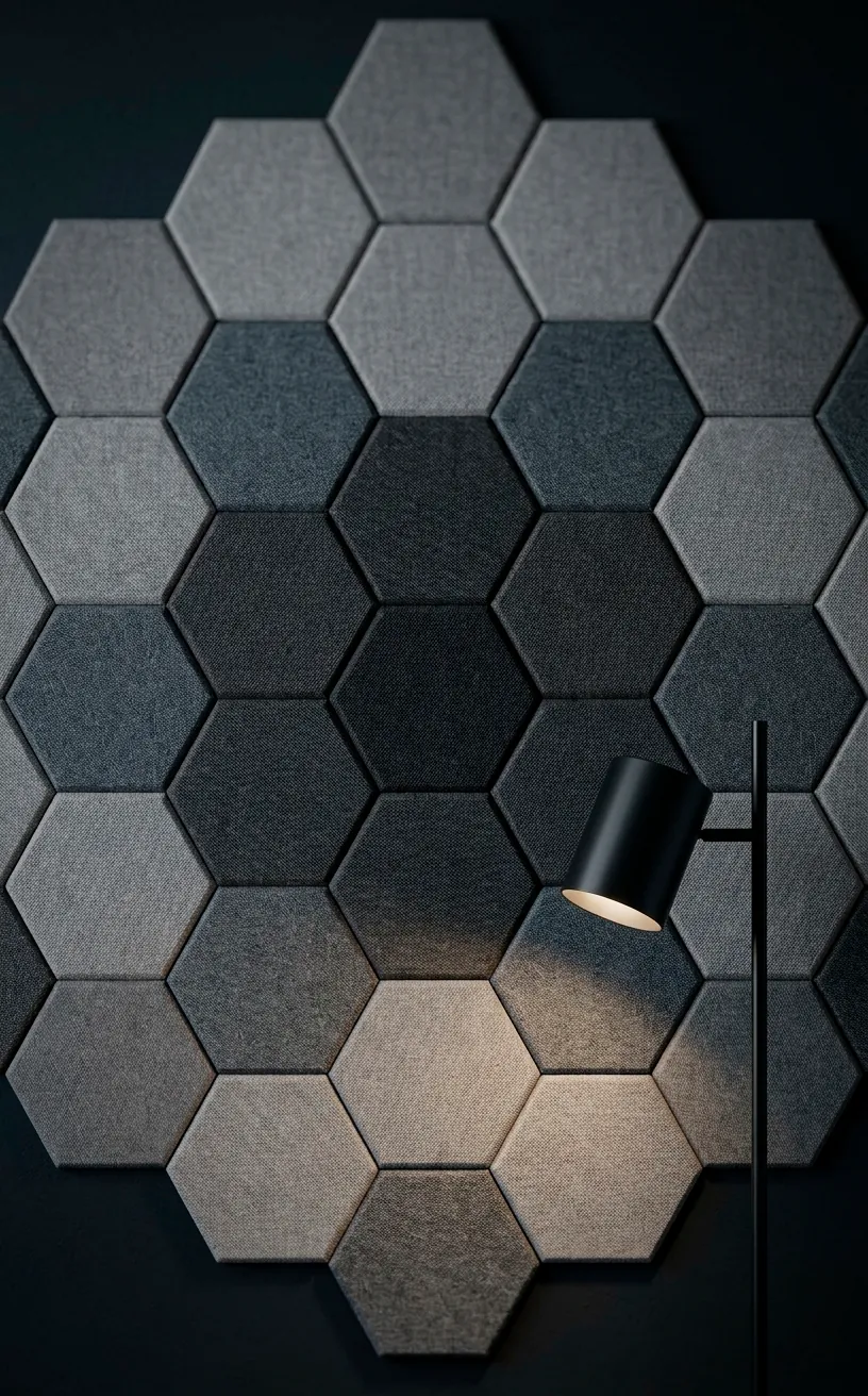 Artistic hexagonal acoustic wall tiles in a modern grey and charcoal palette.