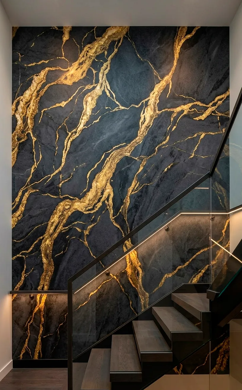 Charcoal and gold marble mural on a grand staircase wall.