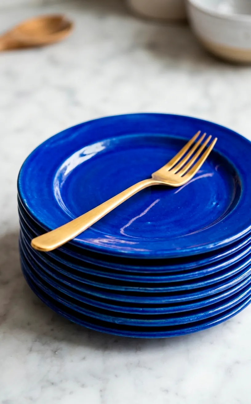 Cobalt blue ceramic plates on a marble countertop.