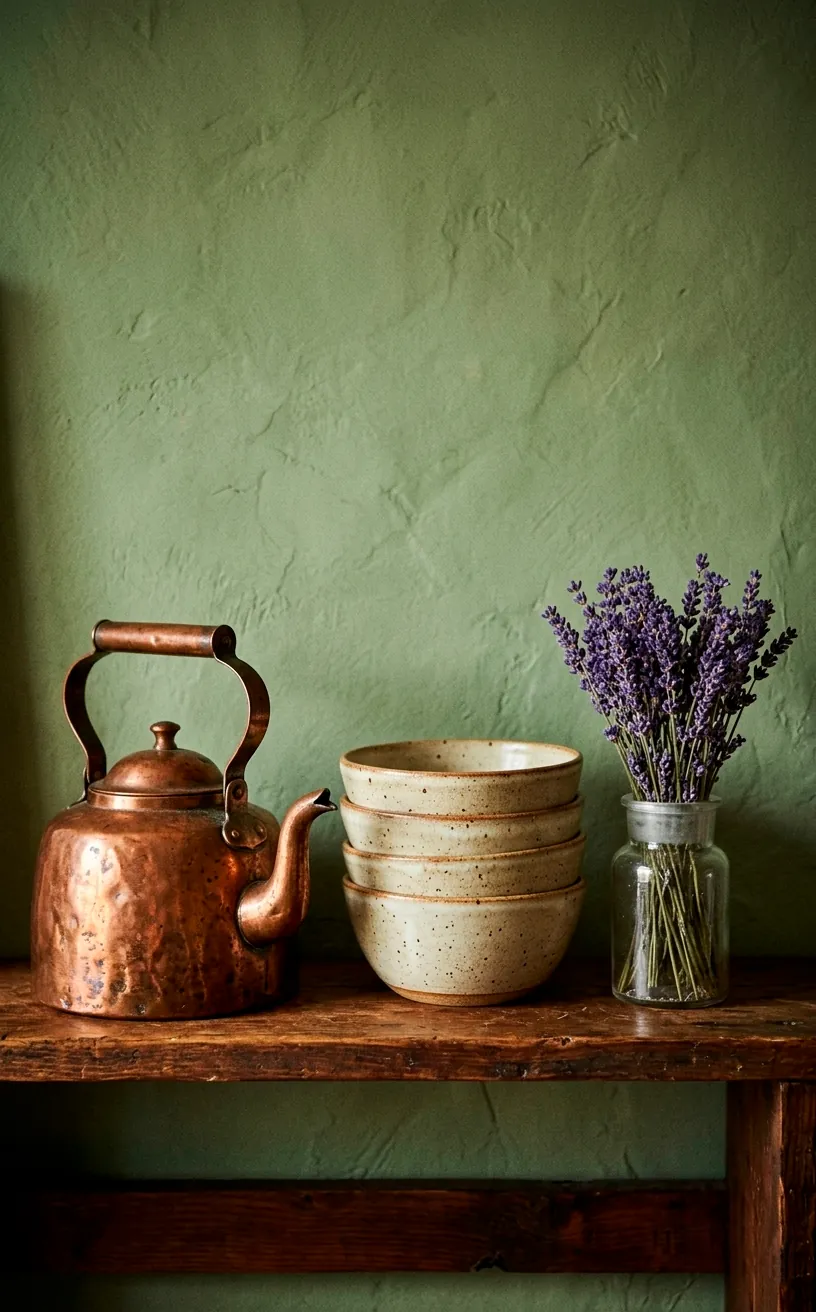 Vintage copper kettle and ceramic bowls on an open shelf.