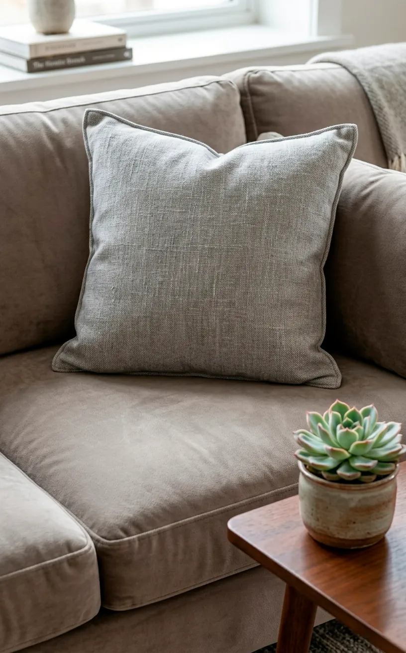 Detail of flat emerald velvet upholstery with a gray linen pillow in bright light.