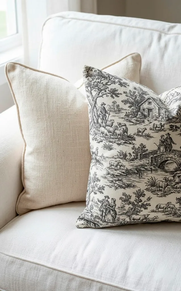 Charcoal and white Toile de Jouy throw pillow on a white linen sofa.