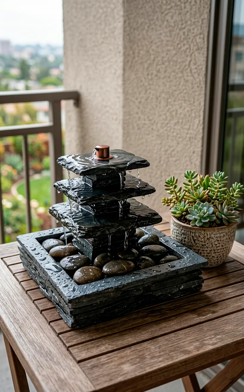 A small slate tabletop water fountain with trickling water on a romantic balcony table.