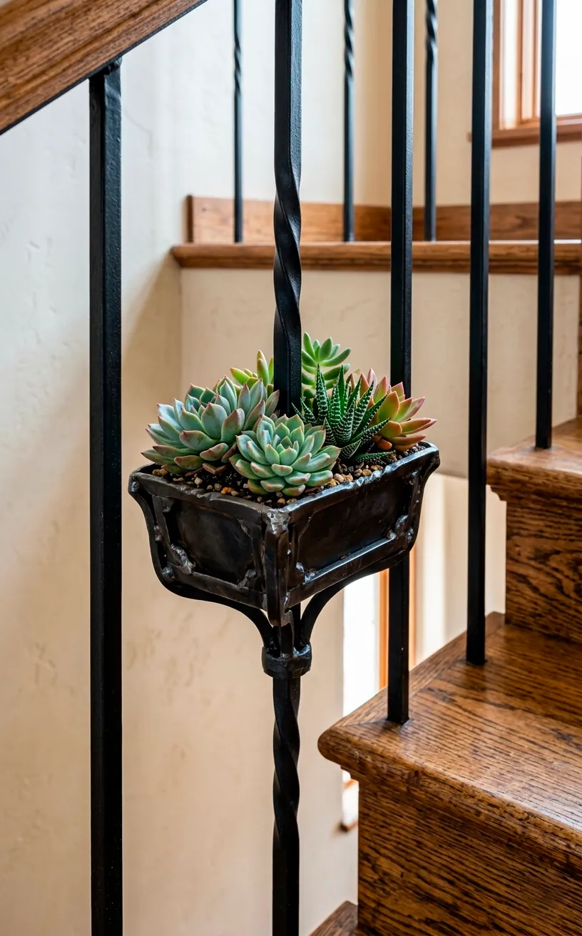 Detail of an iron staircase spindle with a built-in planter for succulents.