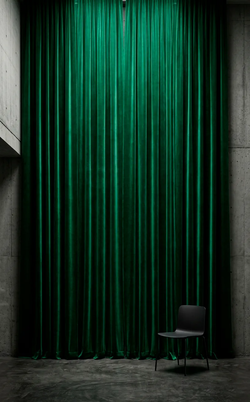 Emerald green velvet curtains in a modern industrial loft setting.