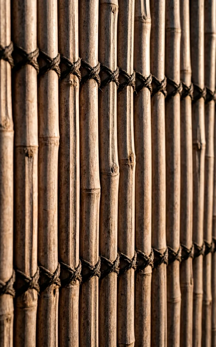 Close-up texture of a woven natural bamboo fence in a garden.