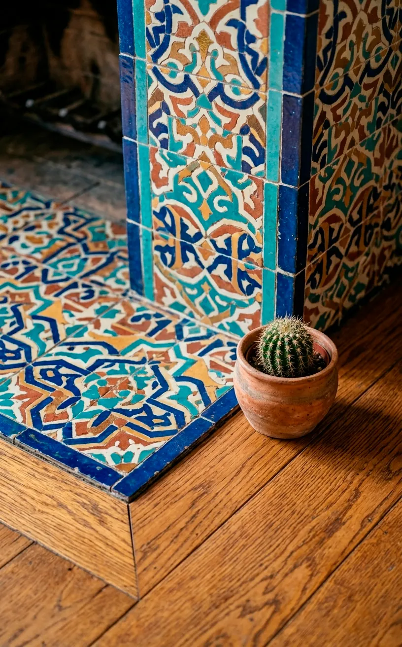 Close-up of Moroccan tile patterns on a fireplace surround.