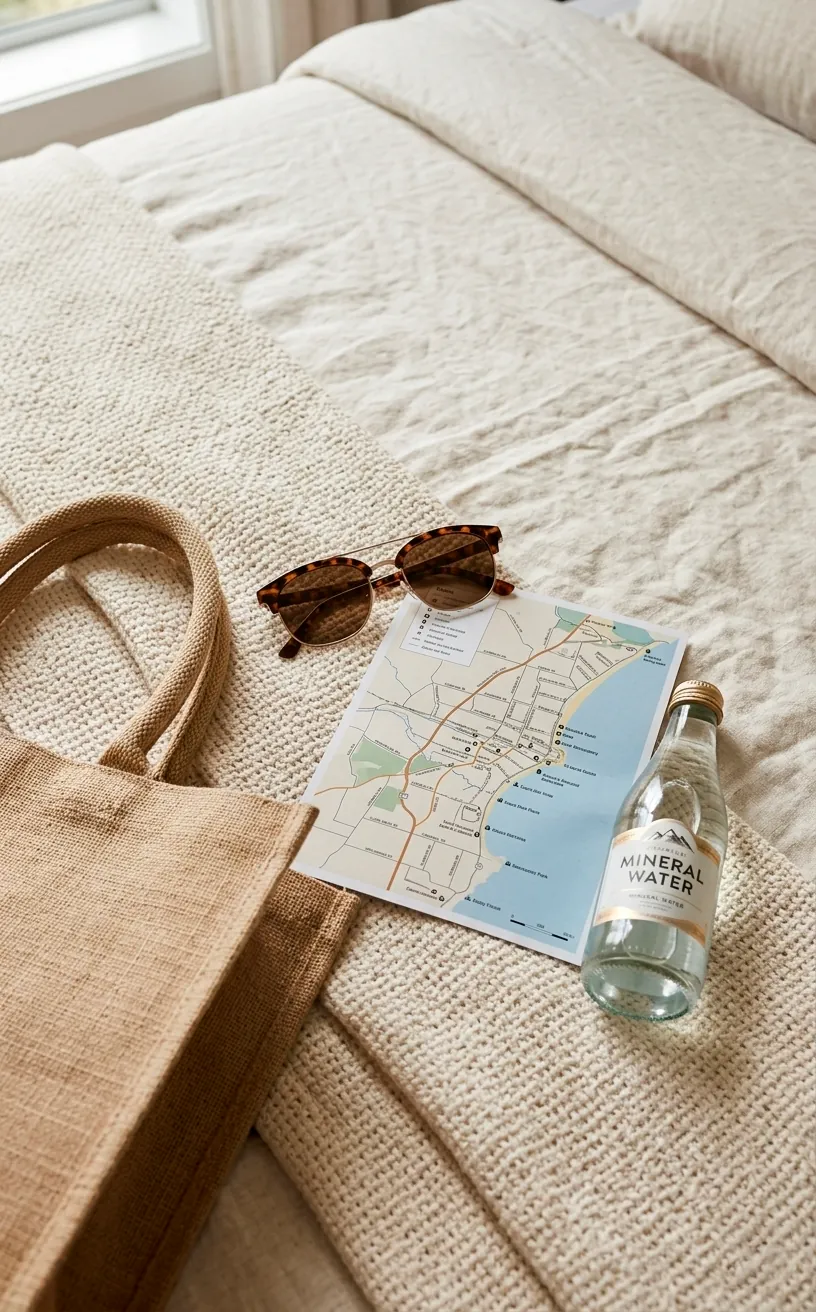 Close-up of welcome kit items including sunglasses and a local map.