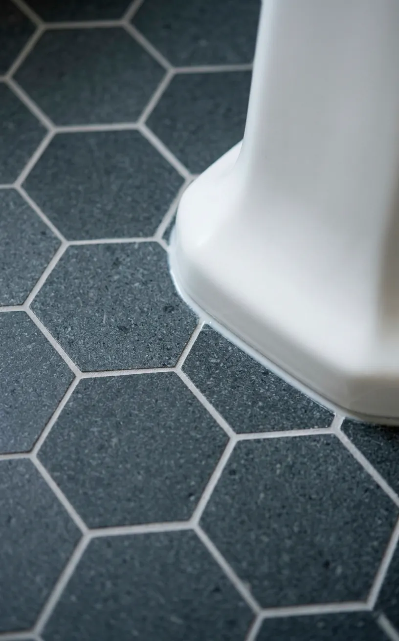 Geometric charcoal hexagon vinyl floor tile detail with realistic grout lines.