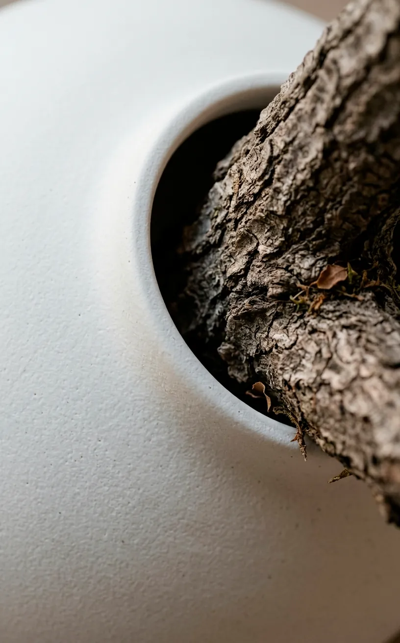 Detail of a white matte vase holding a rough-textured autumn branch.