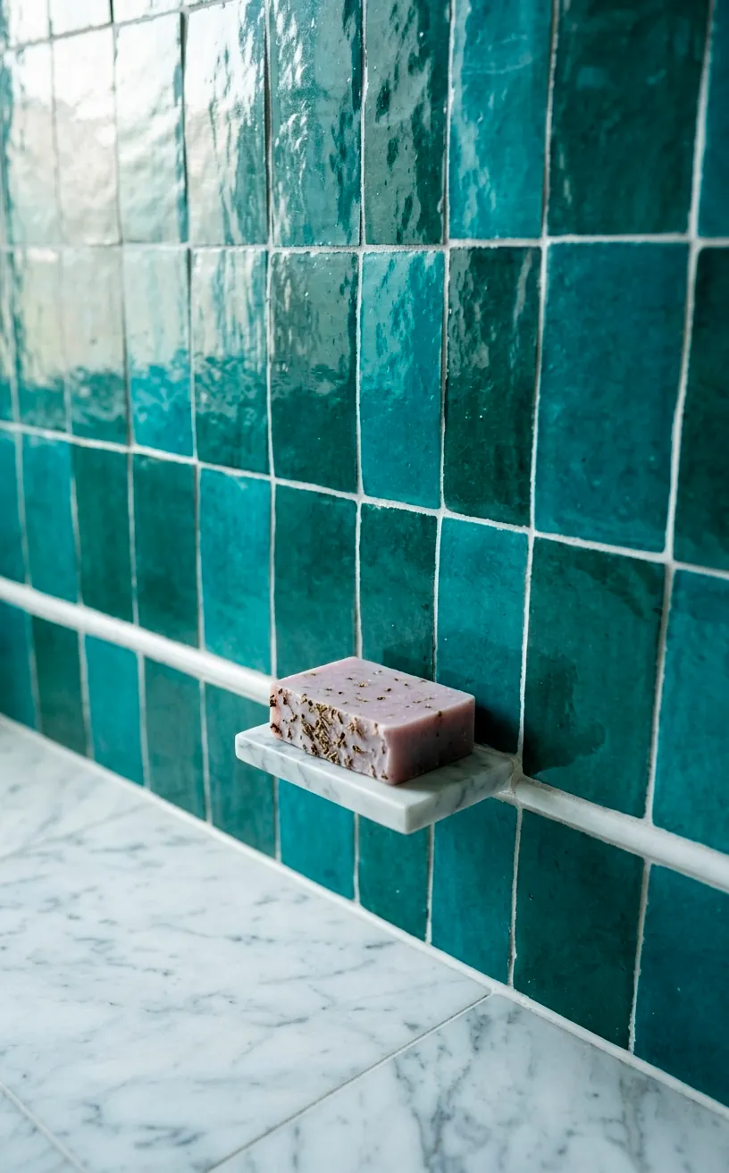 Detail of glossy teal Zellige tiles and marble flooring in a designer powder room.