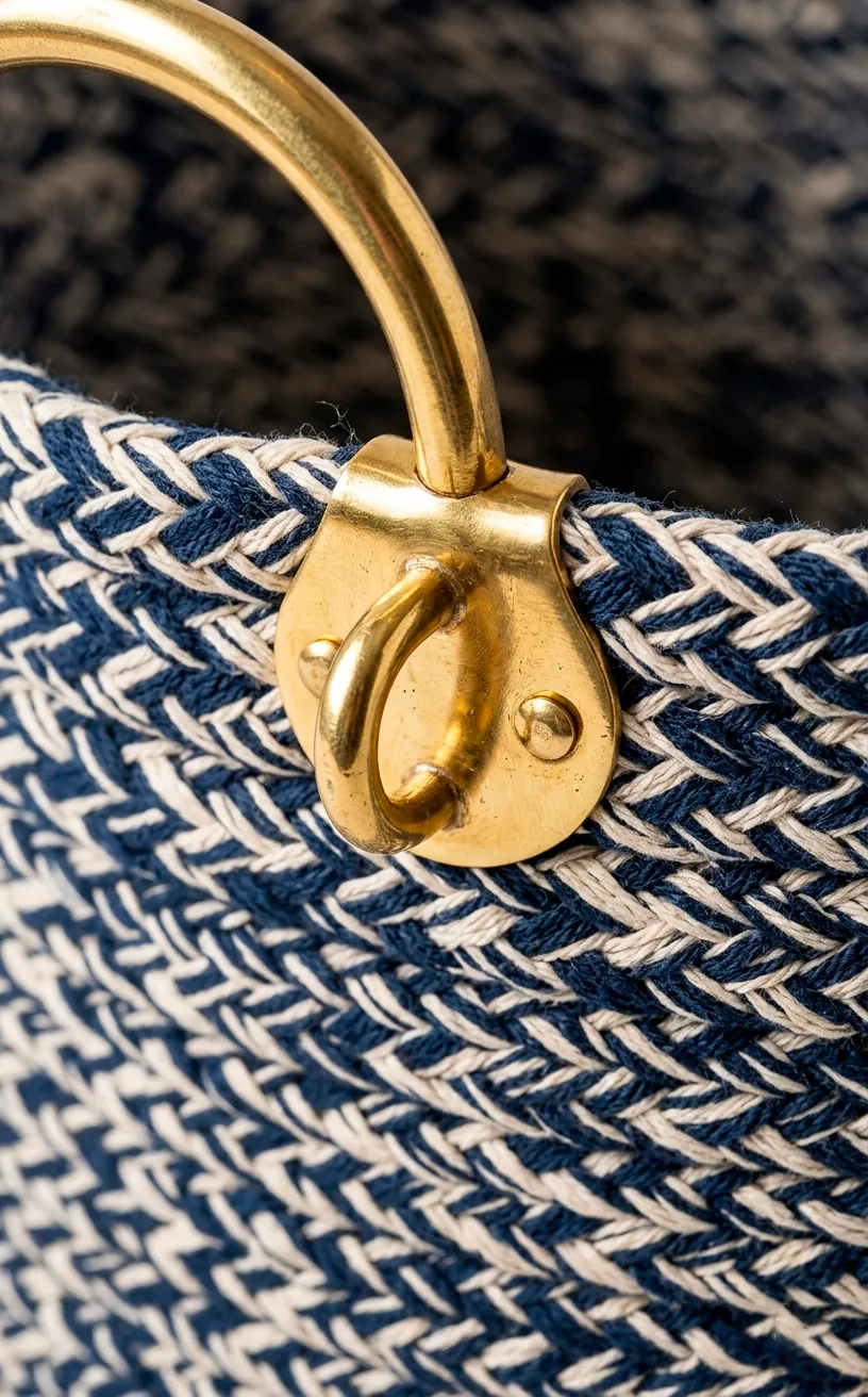 Detail of gold hardware on a navy nautical rope basket.