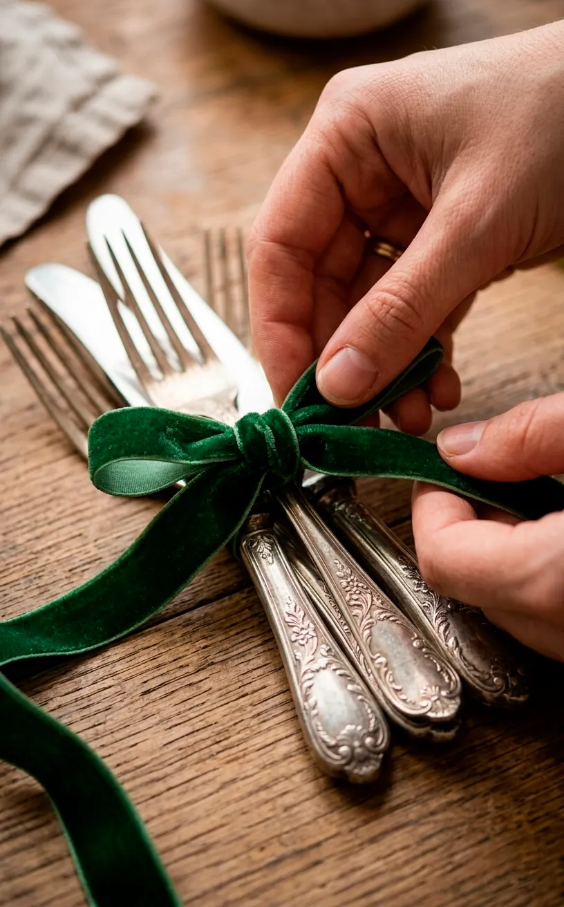 Detail of a velvet ribbon being tied around antique silver cutlery.