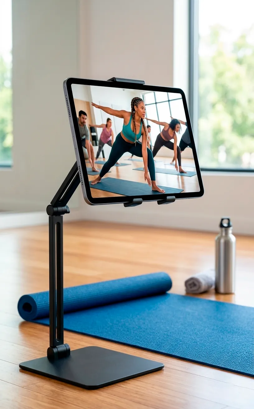 Tablet on a floor stand for workout classes in a bright, modern fitness room.