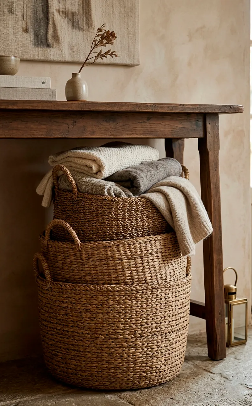 Woven seagrass baskets used for blanket storage under a wood table.