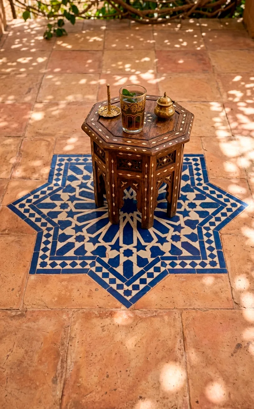 Terracotta patio floor with a blue and white Moroccan mosaic tile inlay.