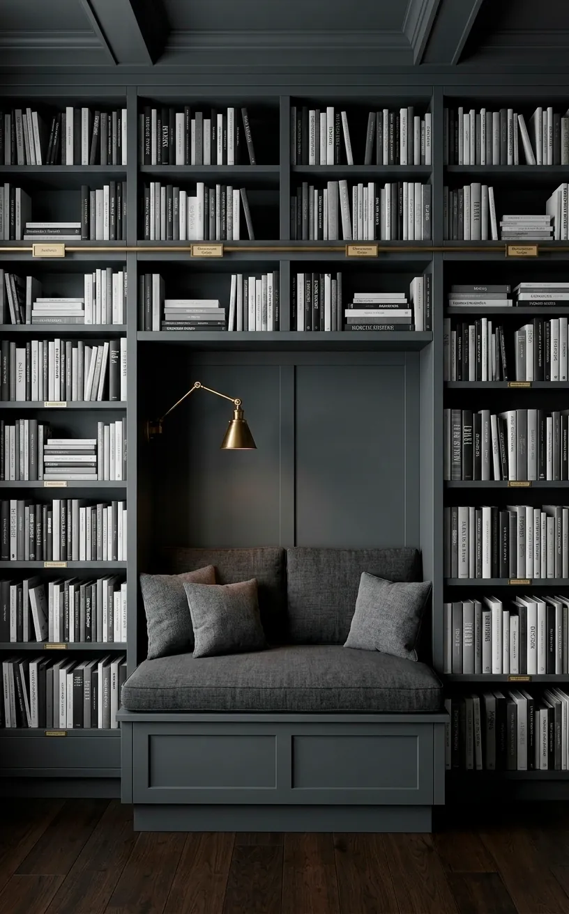 Custom graphite grey built-in bookshelves with a cozy reading bench.