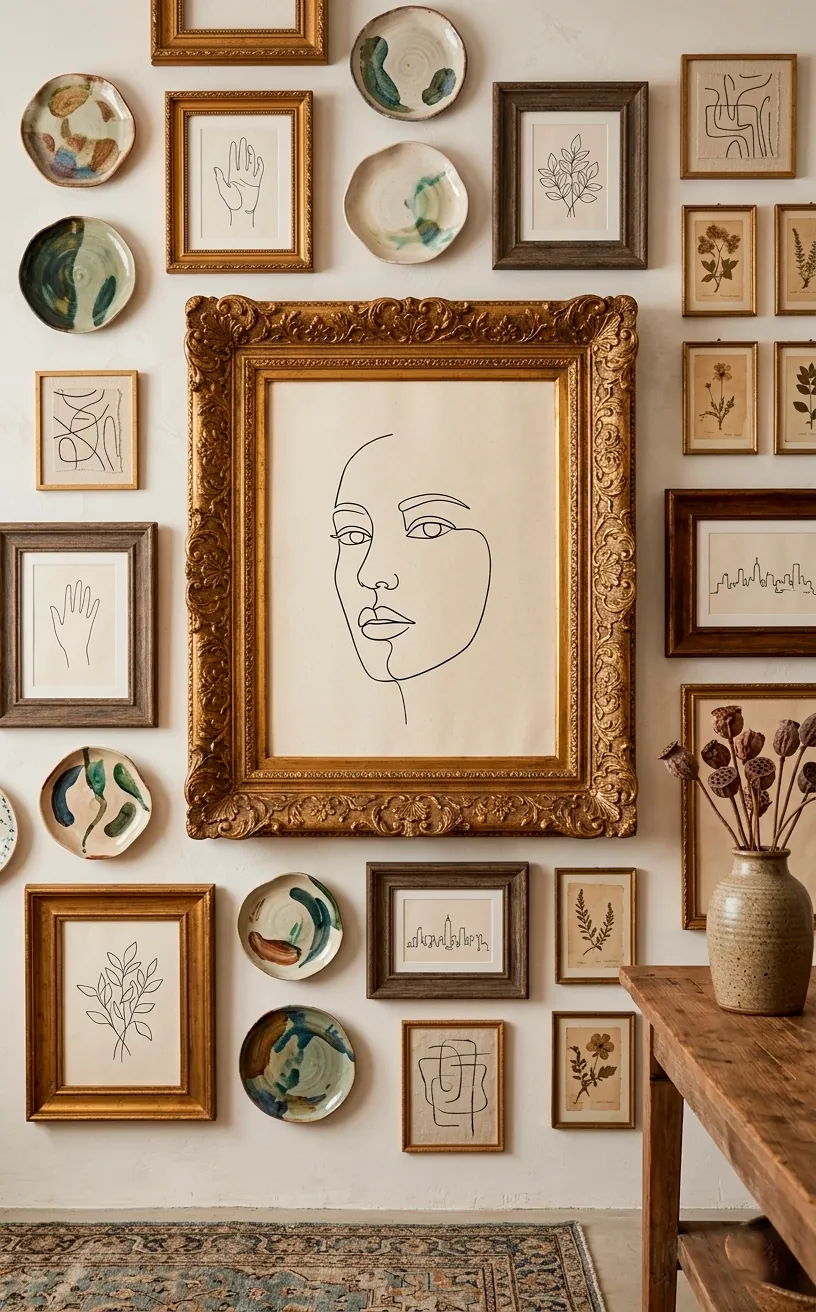 Modern line art in an ornate gold frame on a white wall.