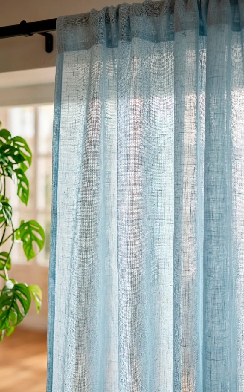 Close-up of the linen texture of a sheer pastel blue window curtain.
