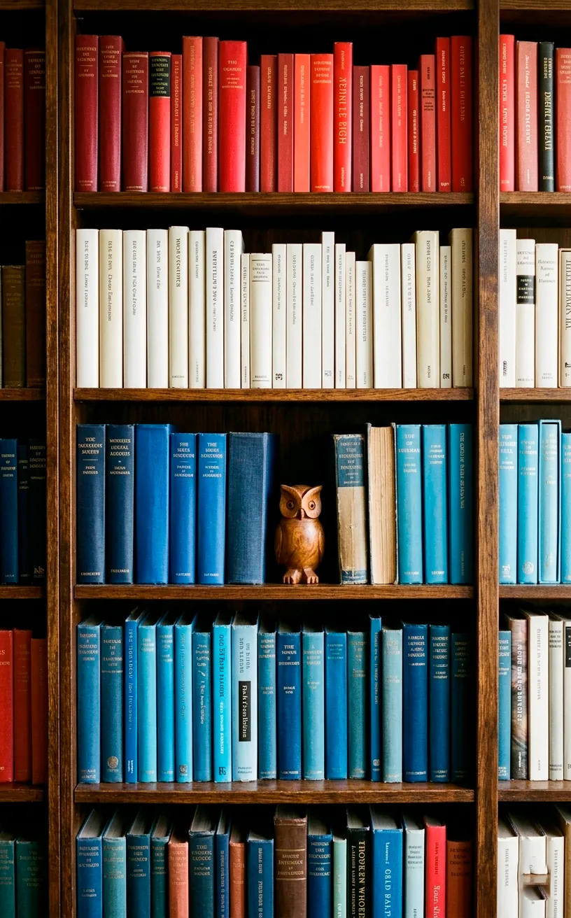 Bookshelf organized with red, white, and blue book spines.