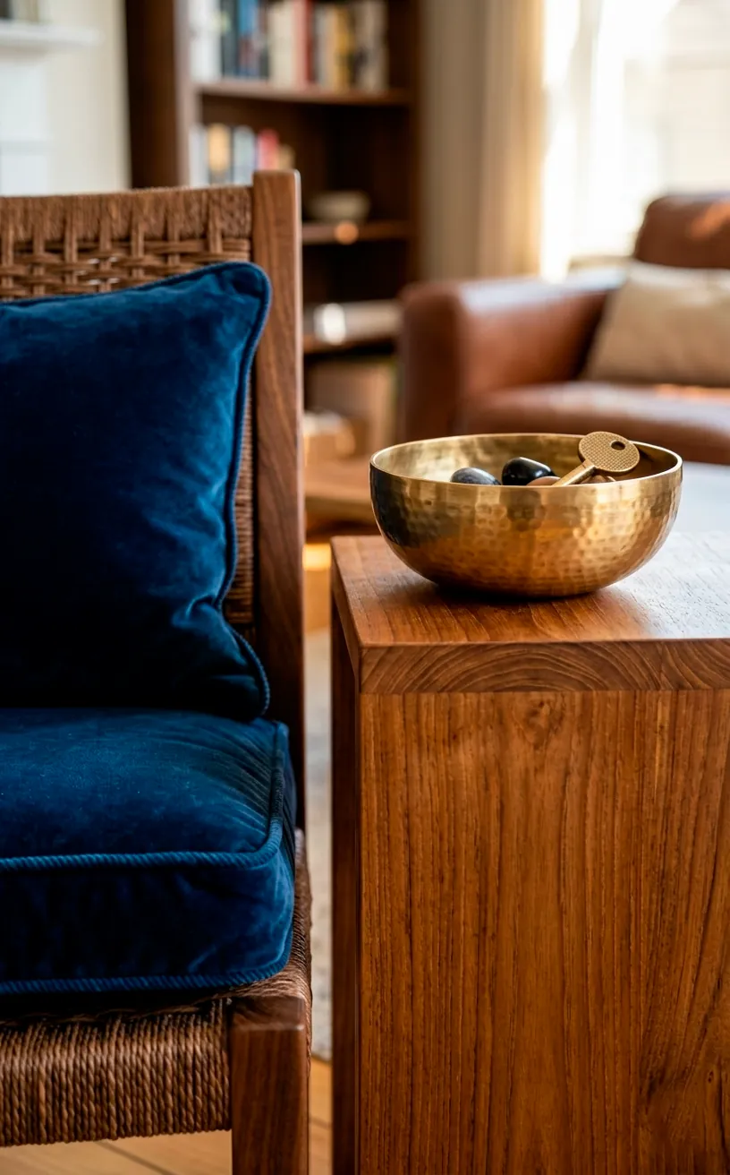 Navy blue velvet cushion next to a teak side table and brass bowl.