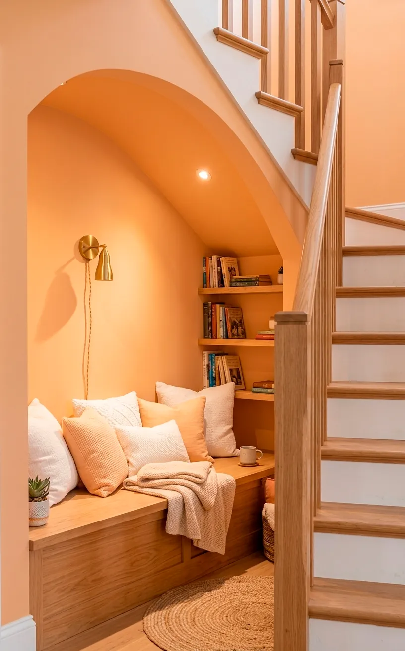 Under-stairs reading nook with apricot walls and a built-in wooden bench seat.