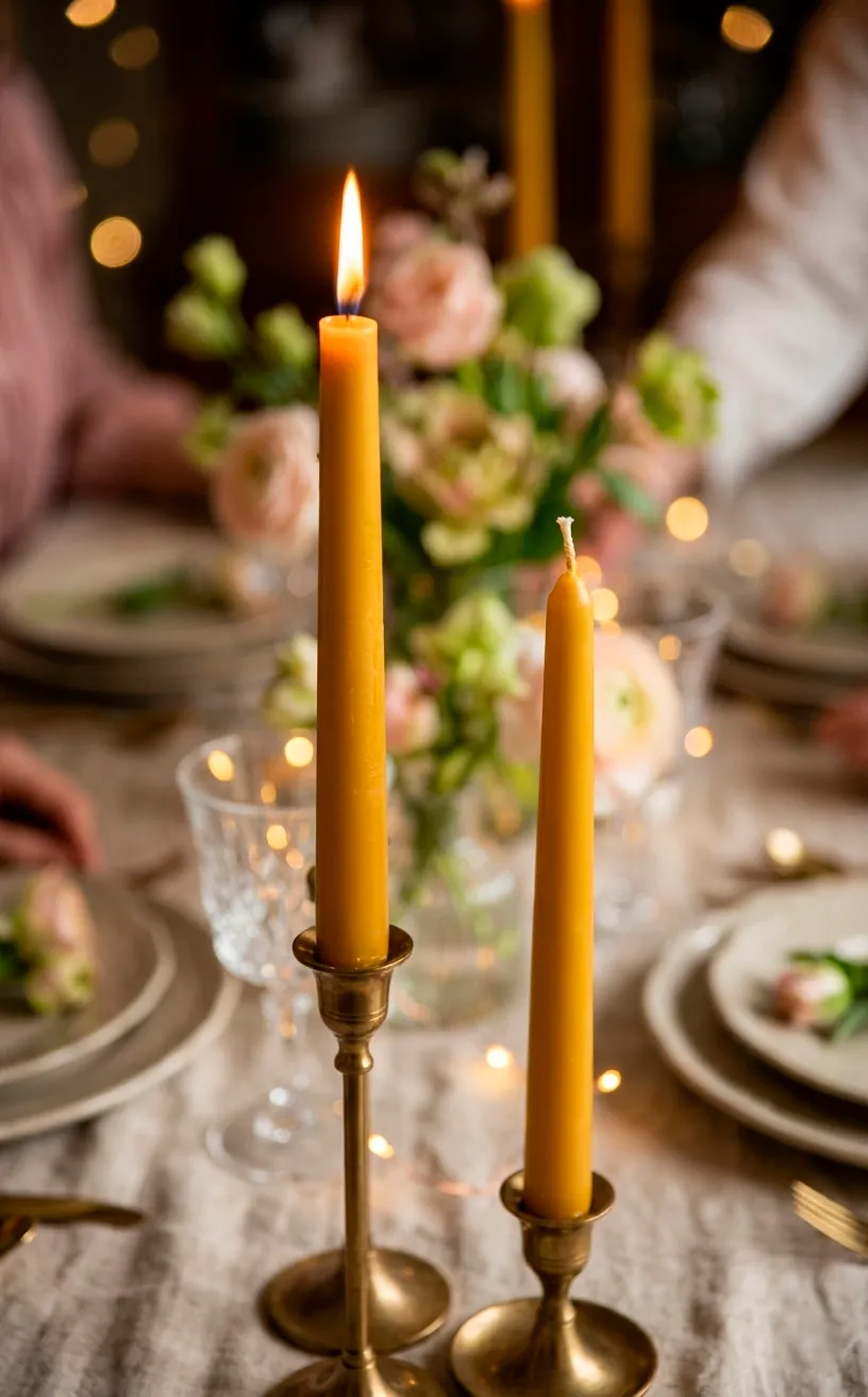 Lit mustard yellow taper candle in a brass holder with a warm glowing flame.
