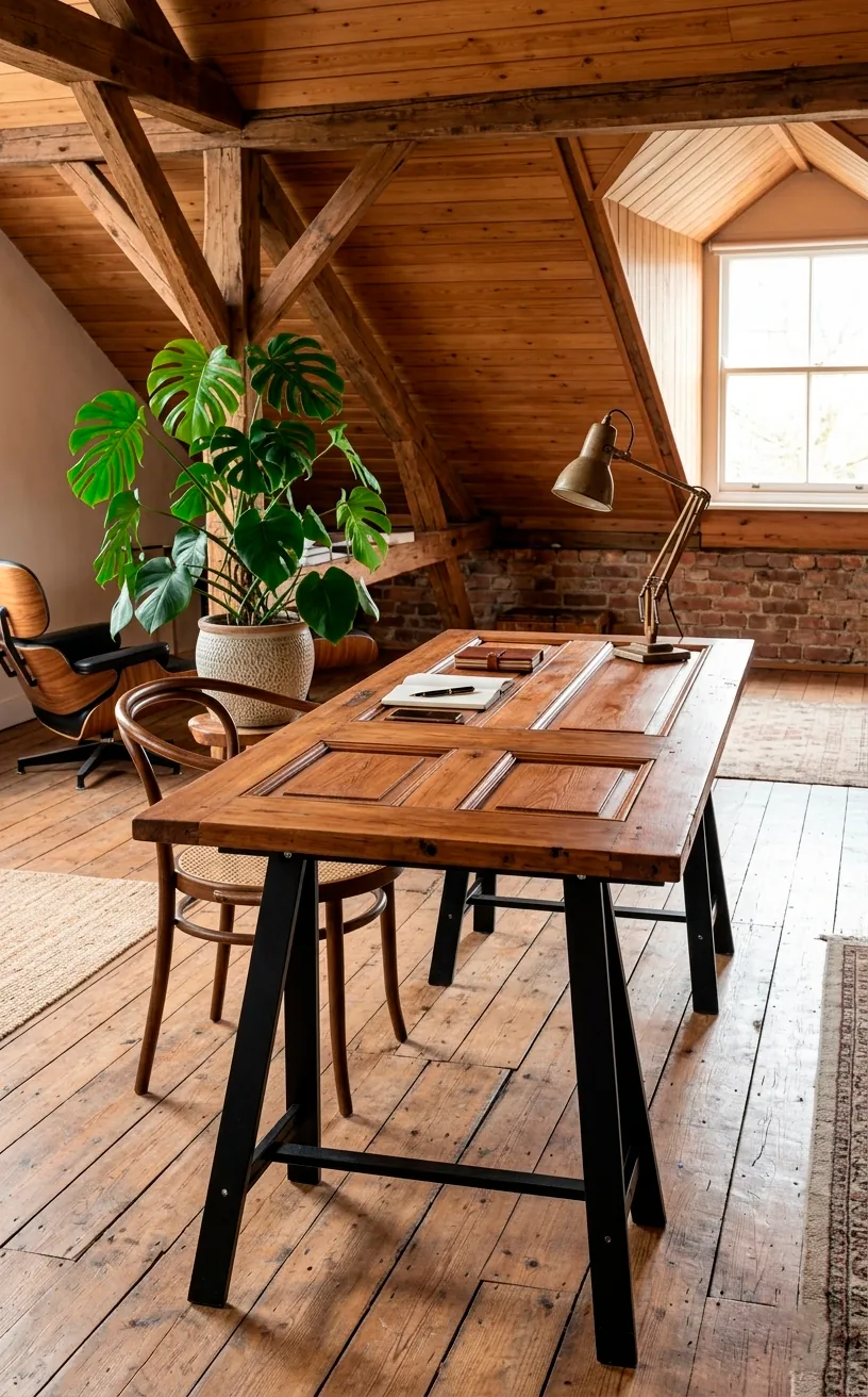 DIY desk made from an upcycled old wooden door in a modern workspace.