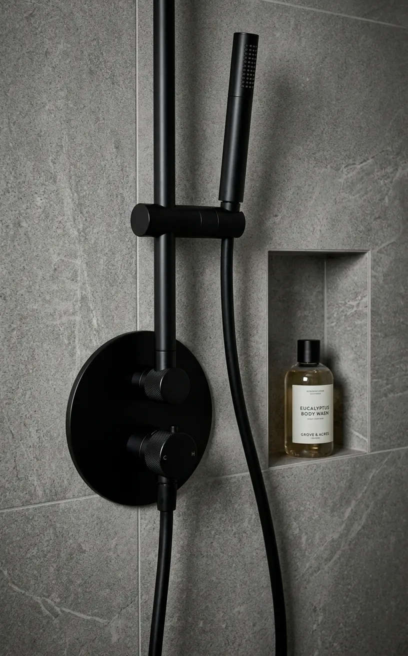Matte black shower fixtures on a micro-cement wall in a camper van.