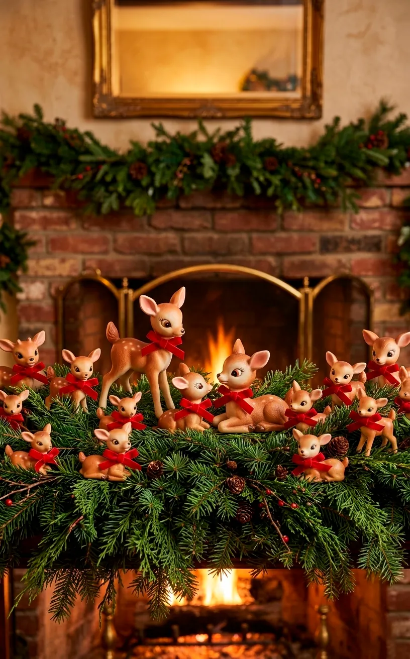 Small kitschy deer figurines tucked into a green garland on a fireplace.