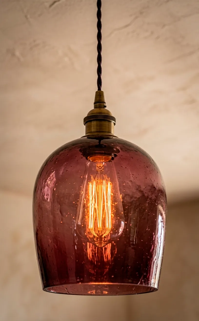 Plum glass pendant light with warm amber bulb glow.