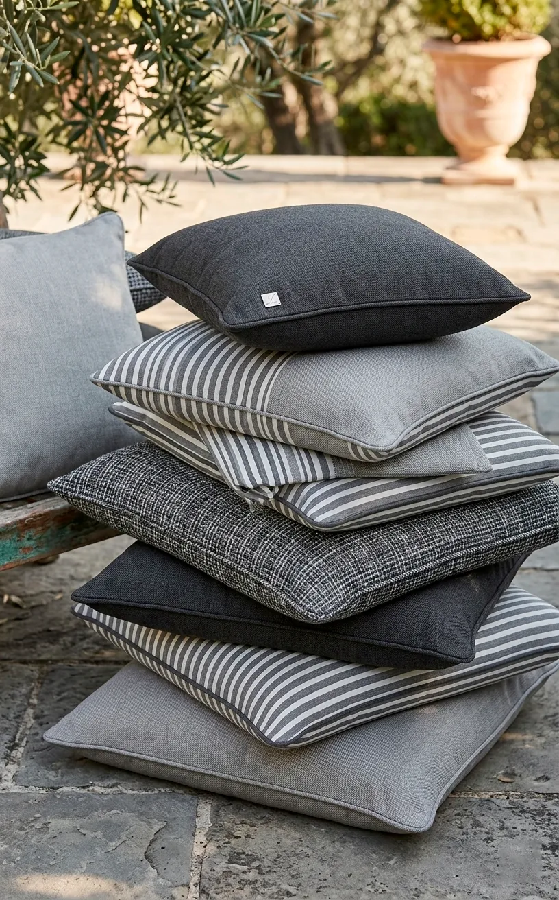 Assorted charcoal and grey textured outdoor accent pillows on a sofa.