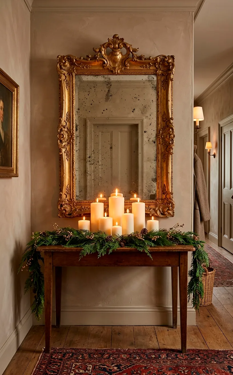 Antique foxed mirror reflecting lit candles and holiday greenery on a console.
