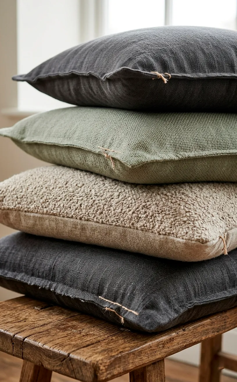 Stacked sustainable holiday cushions in neutral tones.