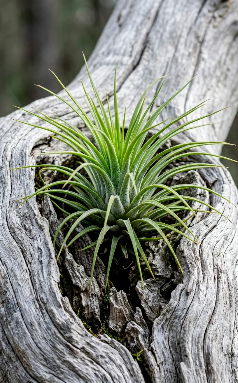 Close-up of a spiky green air plant attached to a piece of silver-grey driftwood.