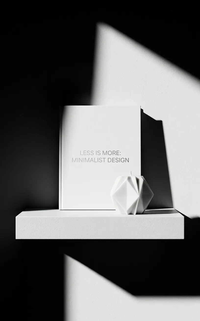 Minimalist white decor pieces including a book and sculptural candle on a shelf.