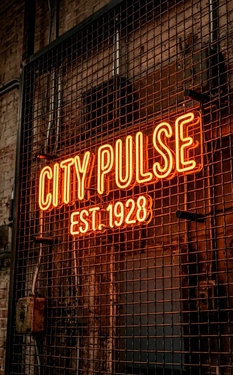 Orange neon sign mounted on a black metal mesh panel for an industrial look.