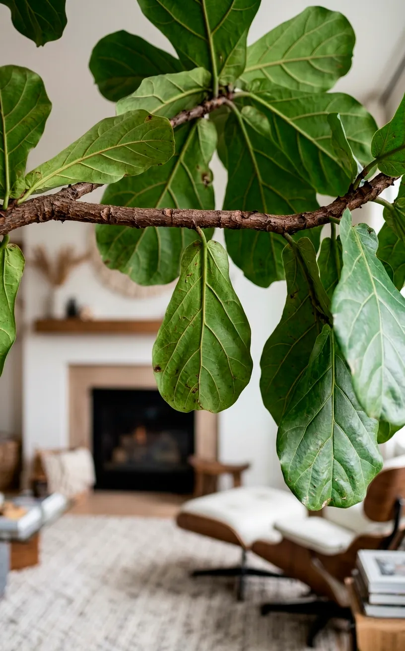 A thick horizontal branch of a Fiddle Leaf Fig with large hanging leaves.