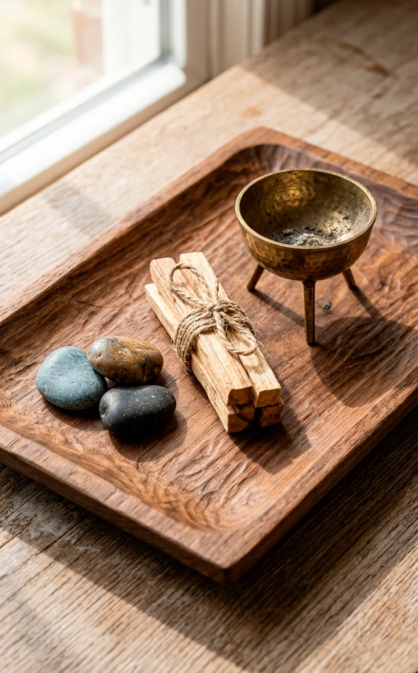 Wooden tray with brass incense burner and palo santo for a sensory home experience.