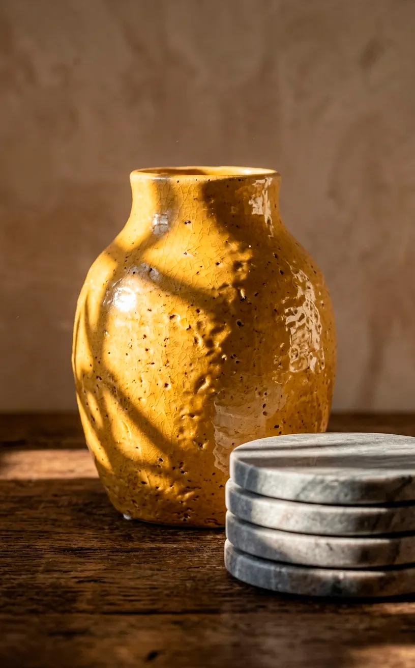 Vignette of a textured yellow vase and grey marble coasters on a bedroom dresser.