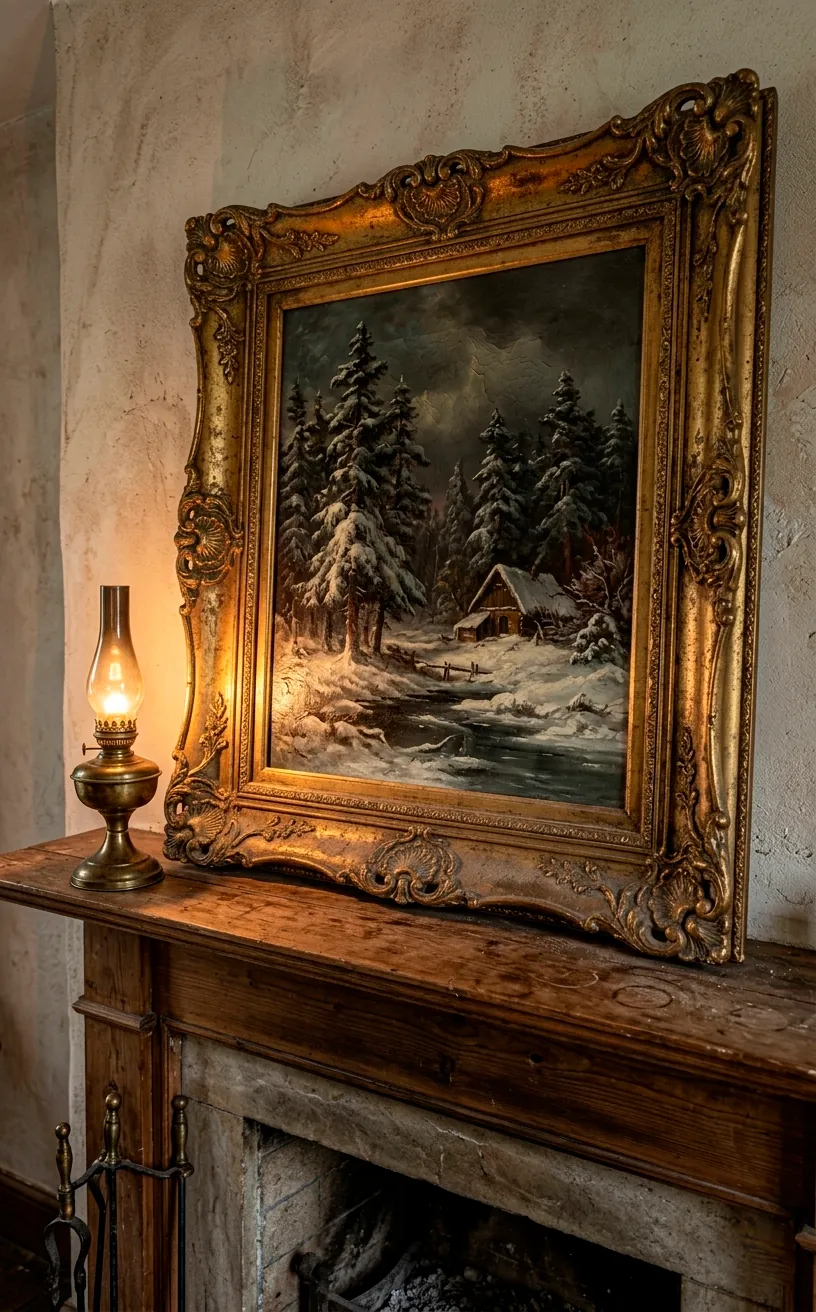 Snowy landscape oil painting in a gold baroque frame on a mantel.