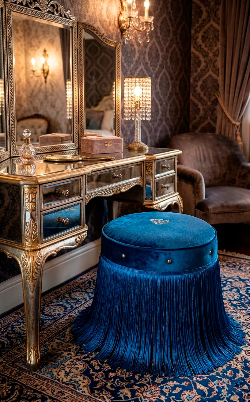 Round velvet ottoman with silk fringe next to mirrored furniture.
