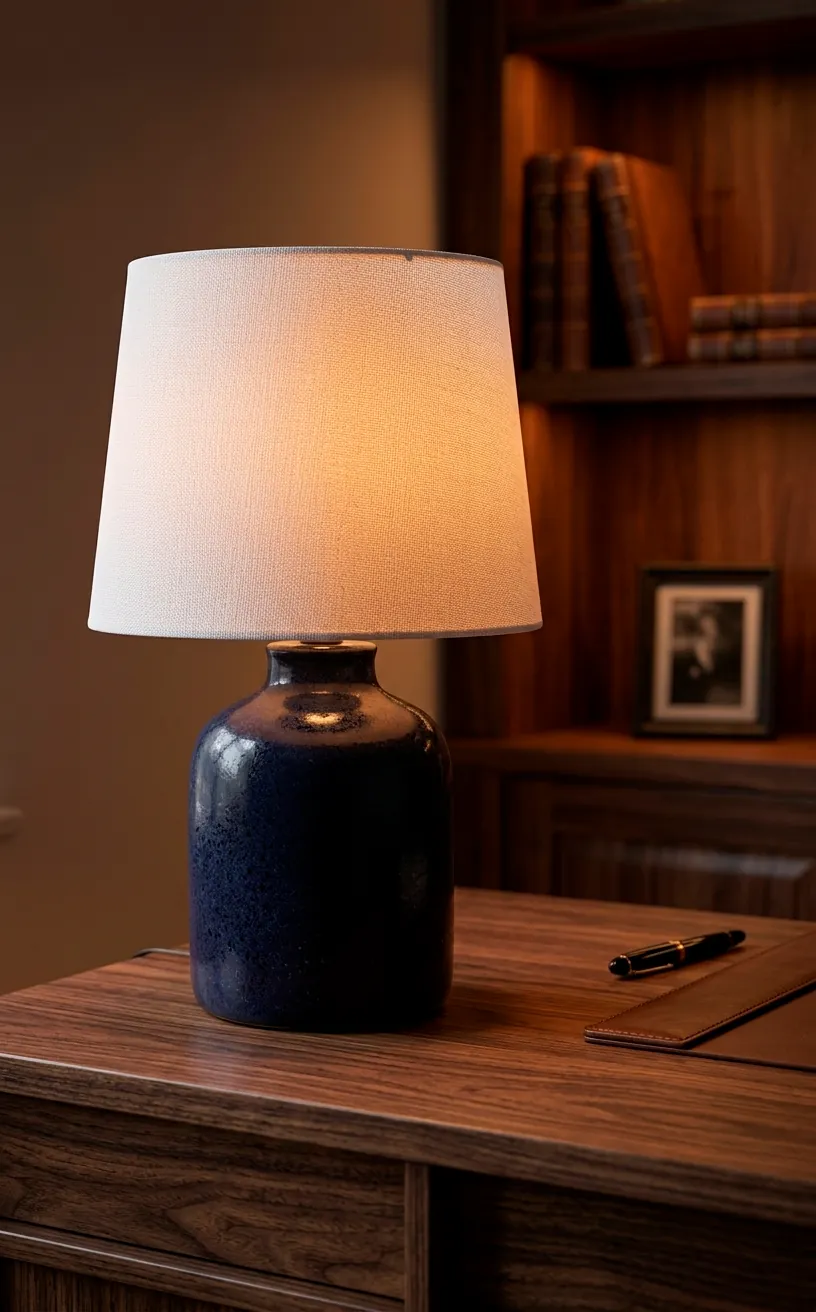 Dark blue ceramic lamp on a wooden desk in a coastal office.
